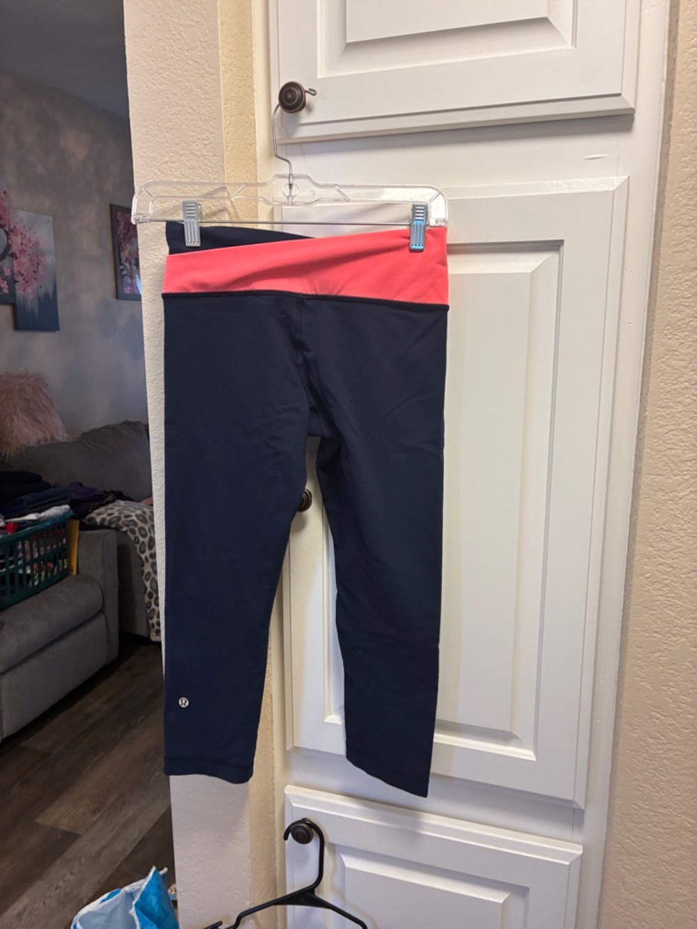 Lululemon Astro cropped Navy Leggings with Coral striped Foldover Waistband - Picture 8 of 10